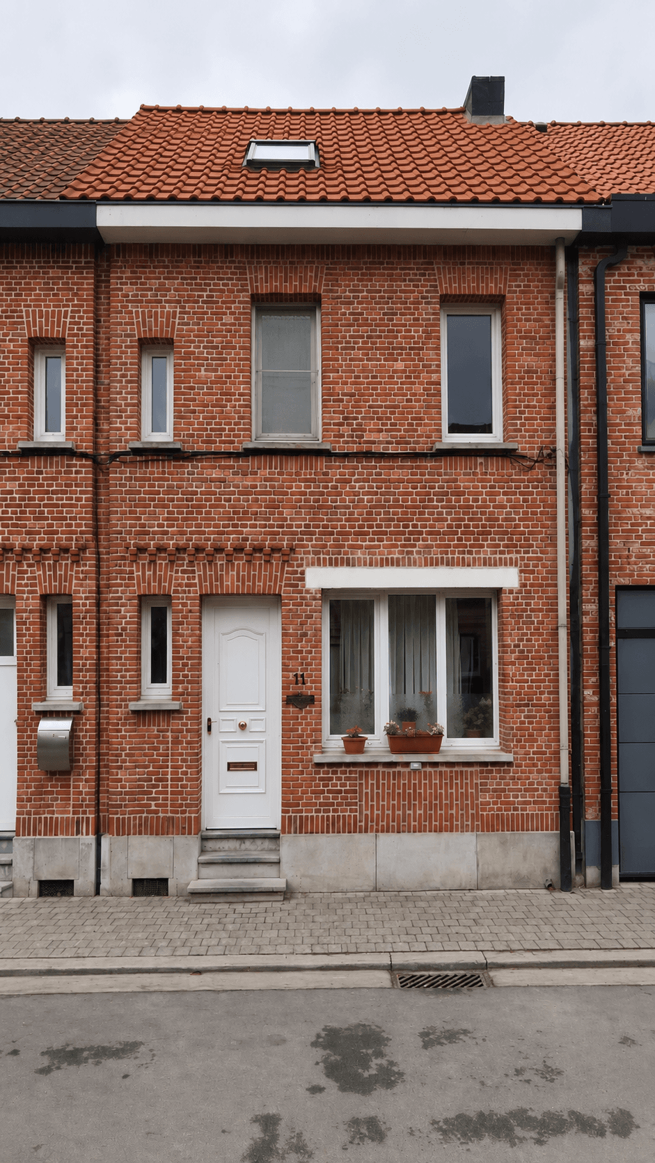 Woning Mechelen vóór crepi — kale bakstenen gevel