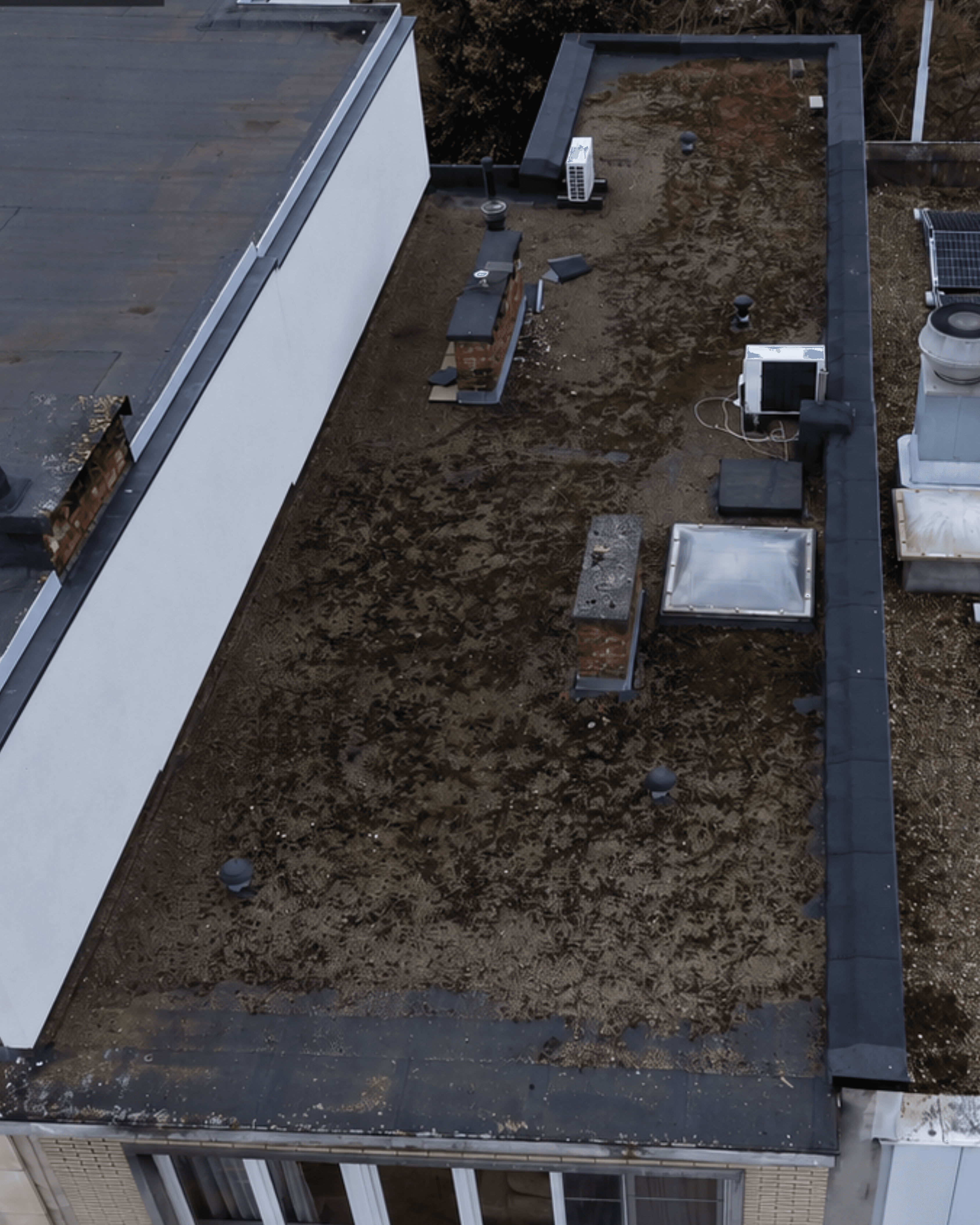 Plat dak Lozanastraat Antwerpen vóór renovatie — verouderde dakbedekking