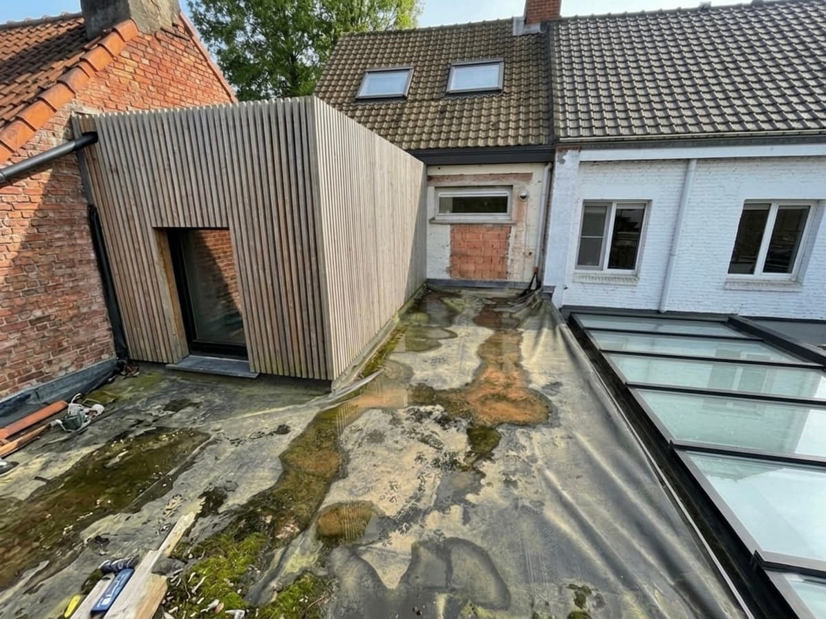 Plat dak vóór renovatie — verouderde bedekking met mos