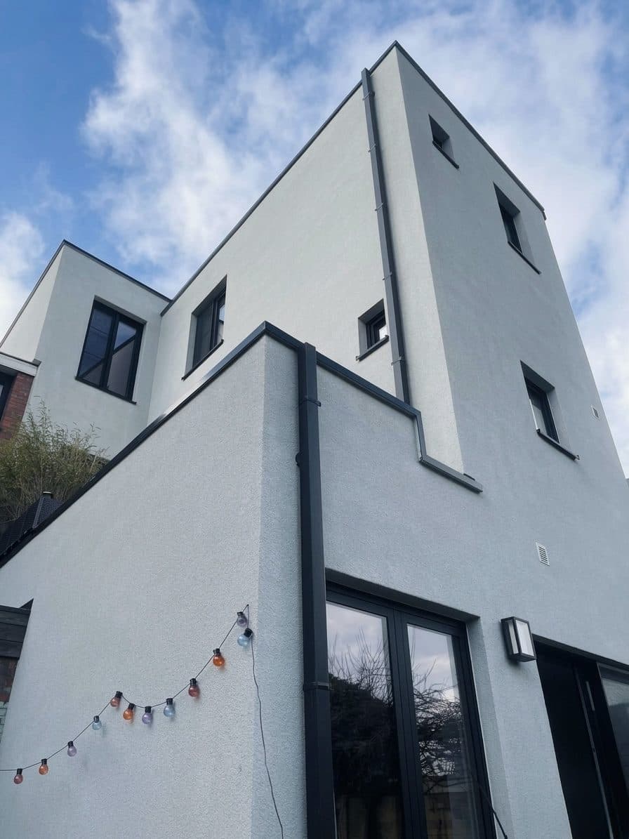 Woning na spuitkurk — moderne witte gevelafwerking